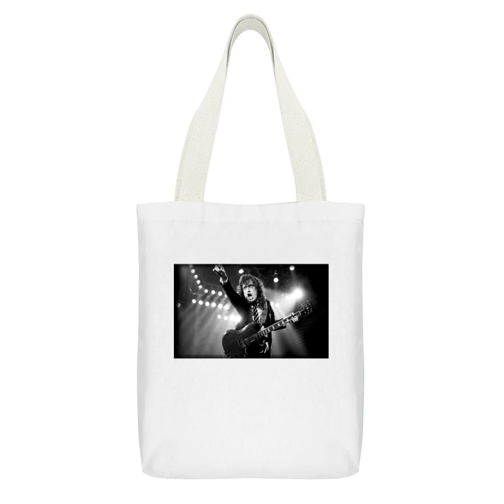 AC DC Angus Young Tshirt (All Colors Available) White Canvas Tote Shopping Bag With Interior Pocket