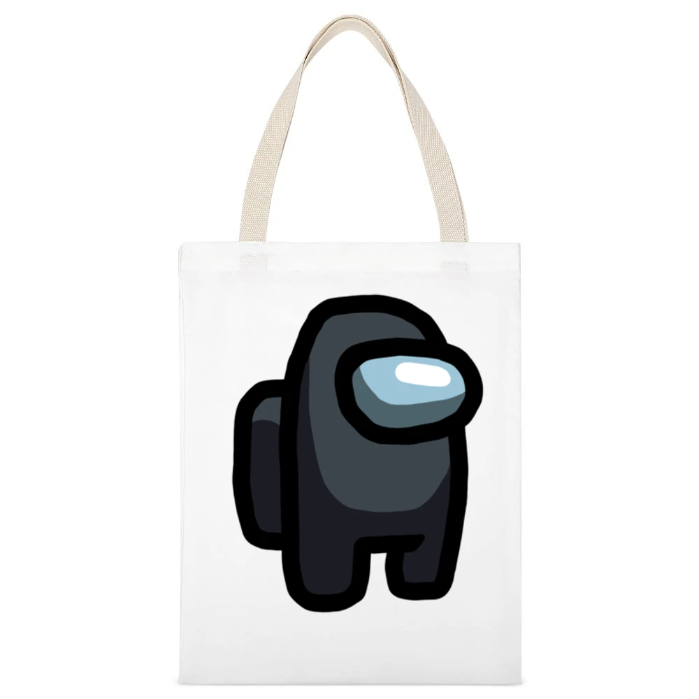 Among Us Black Character Fun Video Game Fan White Canvas Tote Shopping Bag