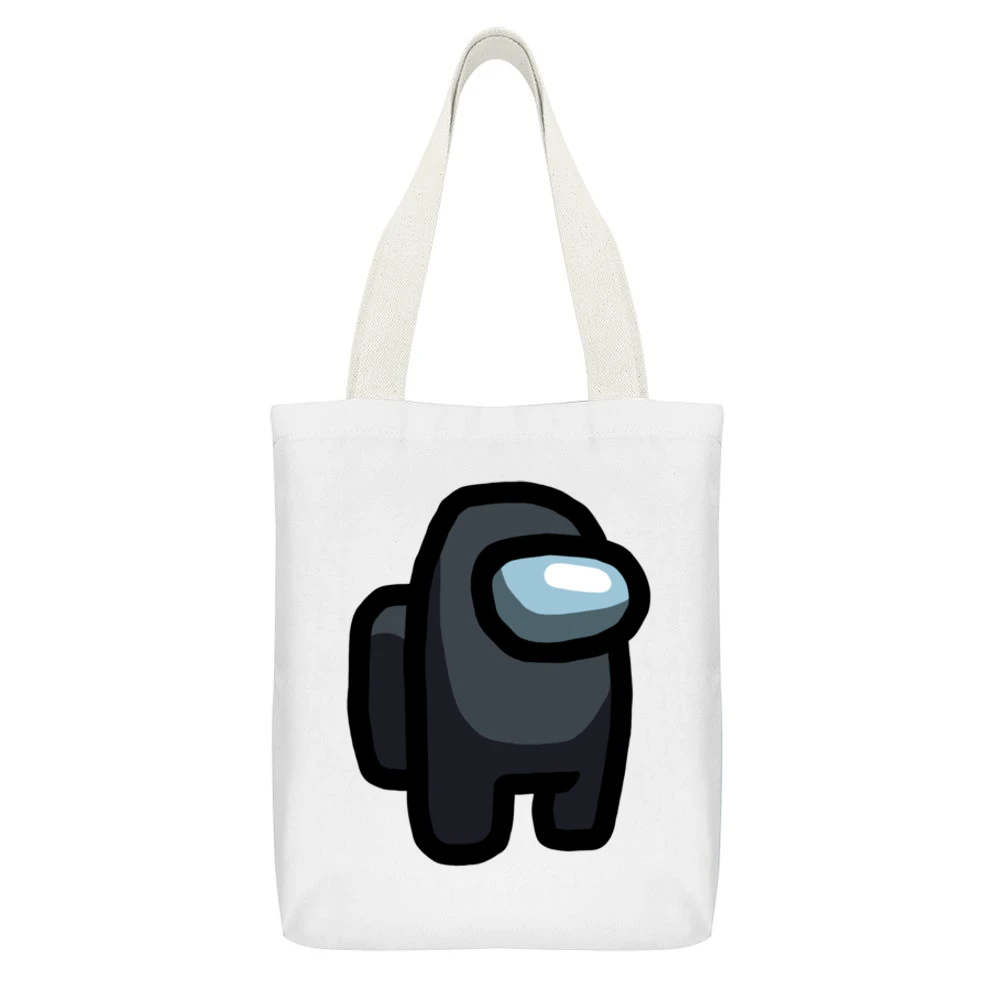 Among Us Black Character Fun Video Game Fan White Canvas Tote Shopping Bag With Interior Pocket