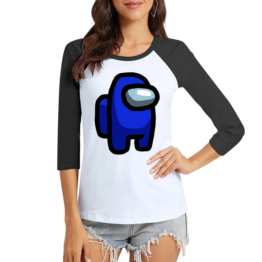 Among Us Blue Character Fun Video Game Fan Women Ladies 3-4 Sleeve T-Shirt
