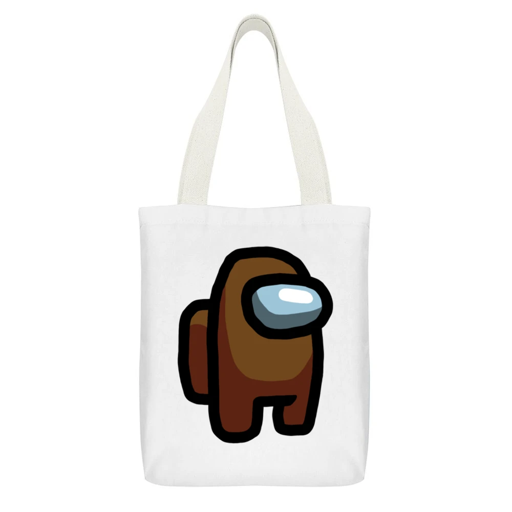 Among Us Brown Character Fun Video Game Fan White Canvas Tote Shopping Bag With Interior Pocket