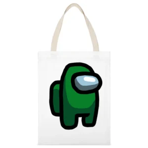 Among Us Green Character Fun Video Game Fan White Canvas Tote Shopping Bag