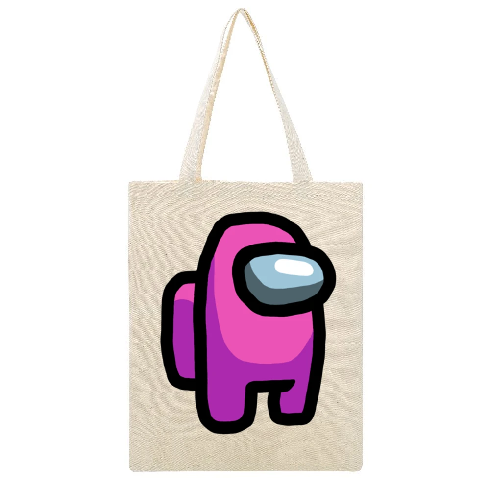 Among Us Pink Character Fun Video Game Fan Beige Canvas Tote Shopping Bag