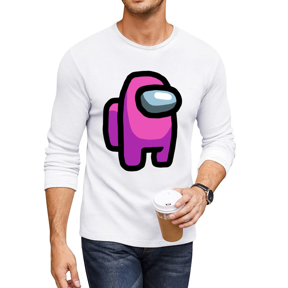 Among Us Pink Character Fun Video Game Fan Men CrewNeck Long Sleeve T-Shirt