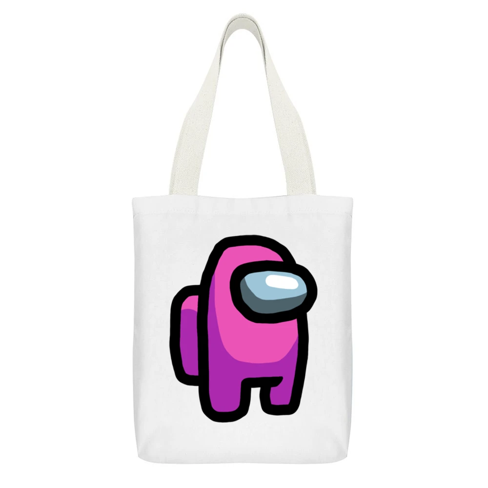 Among Us Pink Character Fun Video Game Fan White Canvas Tote Shopping Bag With Interior Pocket