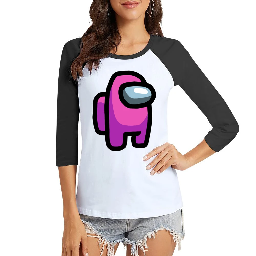 Among Us Pink Character Fun Video Game Fan Women Ladies 3-4 Sleeve T-Shirt
