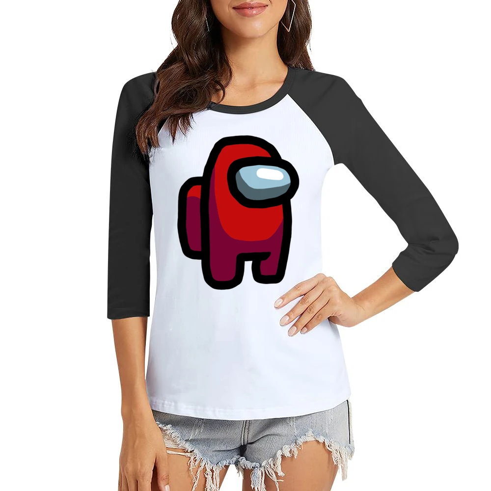 Among Us Red Character Fun Video Game Fan Women Ladies 3-4 Sleeve T-Shirt