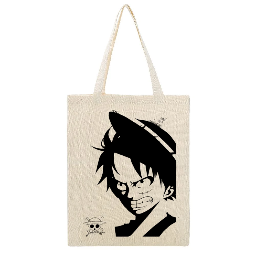 Angry Monkey D Lufffy One Piece straw hat pirates Beige Canvas Tote Shopping Bag