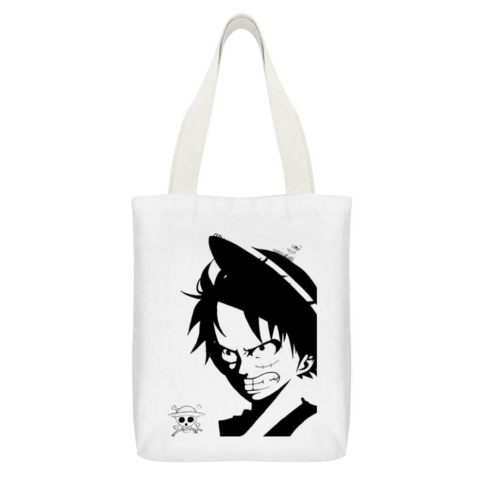 Angry Monkey D Lufffy One Piece straw hat pirates White Canvas Tote Shopping Bag With Interior Pocket