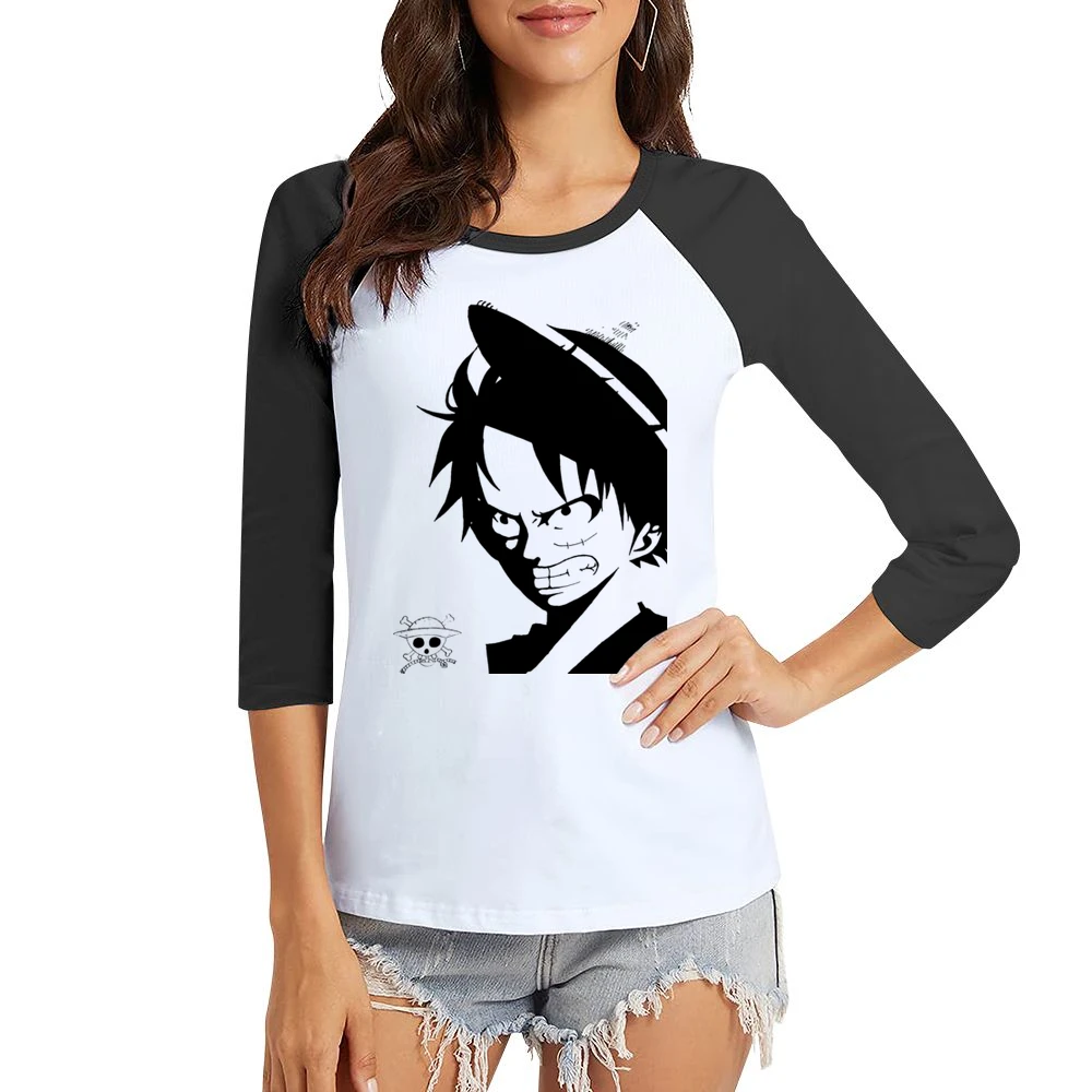 Angry Monkey D Lufffy One Piece straw hat pirates Women Ladies 3-4 Sleeve T-Shirt