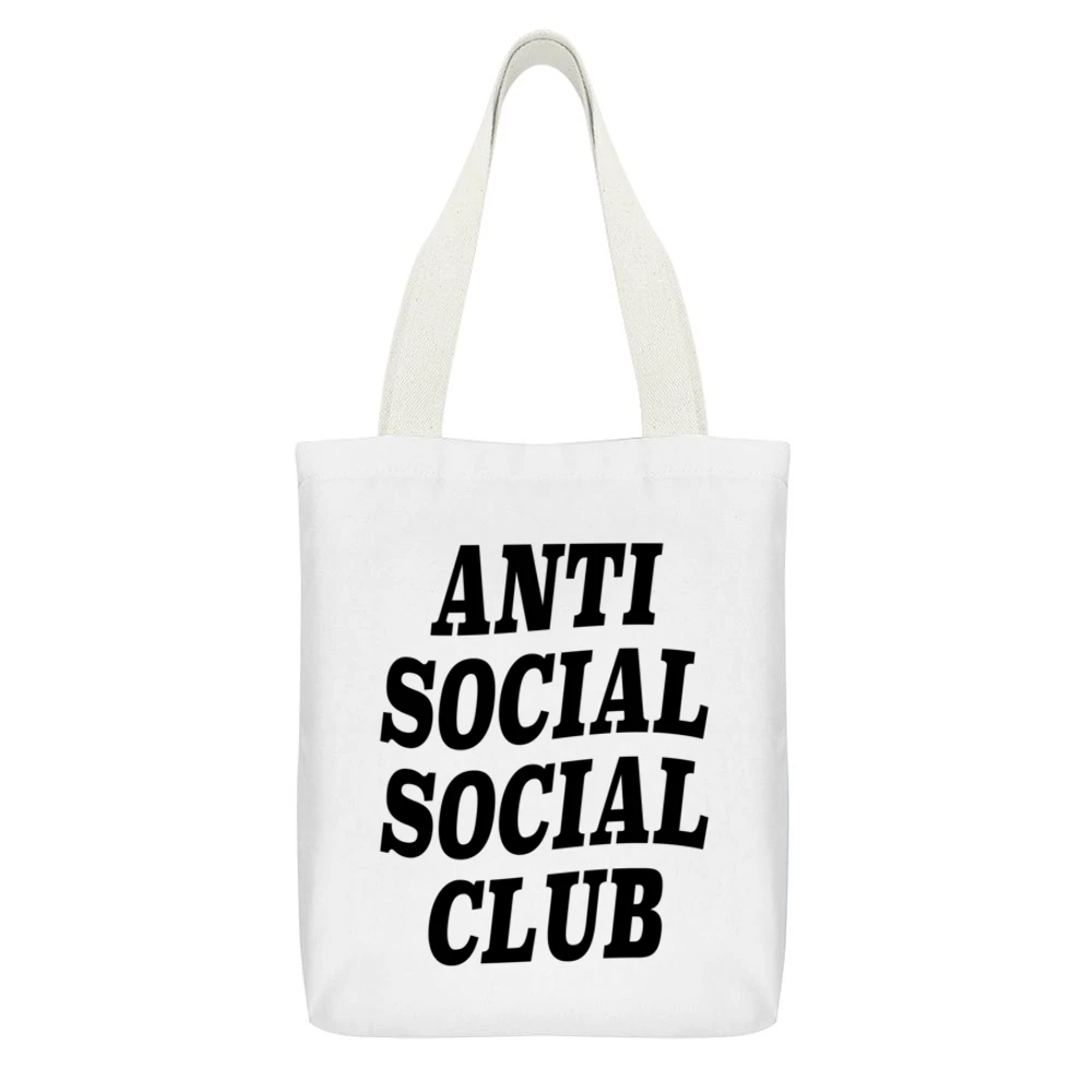 Anti Social Social Club Funny Popular Graphic Instagram Celebrity Blog White Canvas Tote Shopping Bag With Interior Pocket
