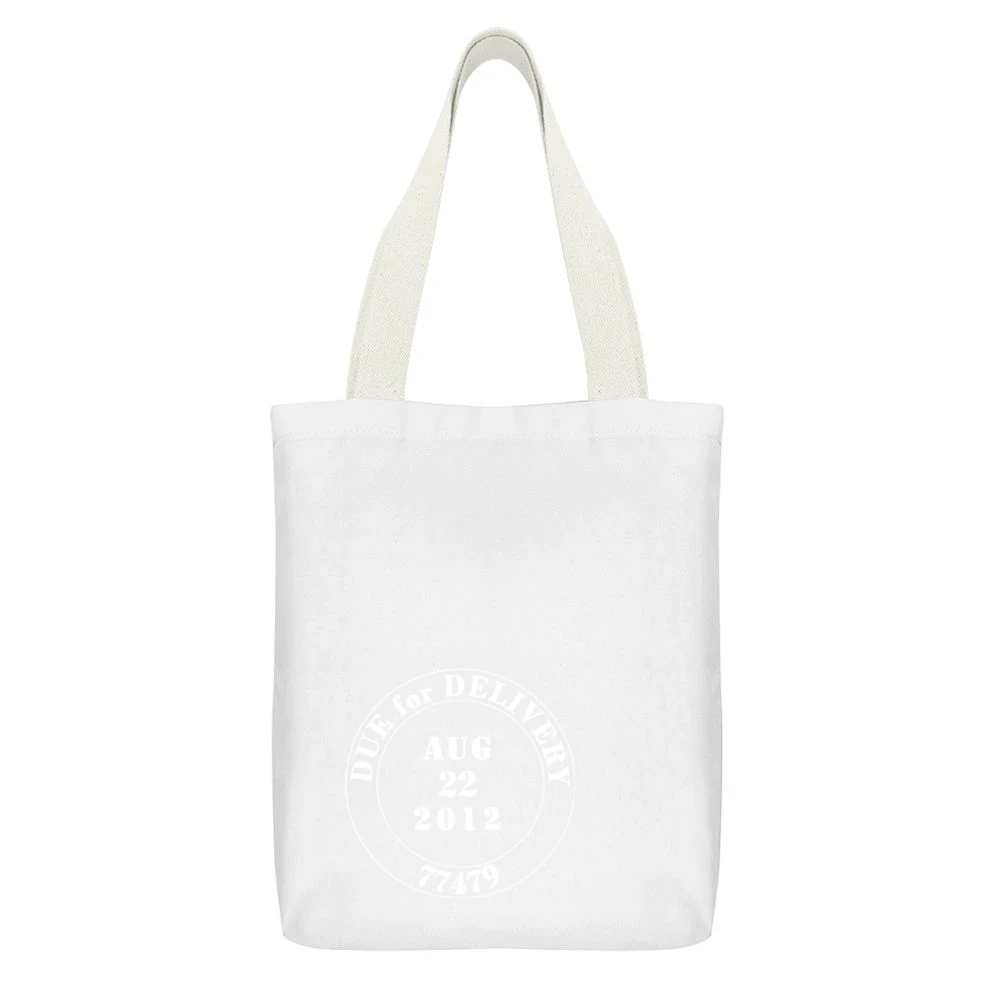 Baby Delivery Date Funny Maternity White Canvas Tote Shopping Bag With Interior Pocket