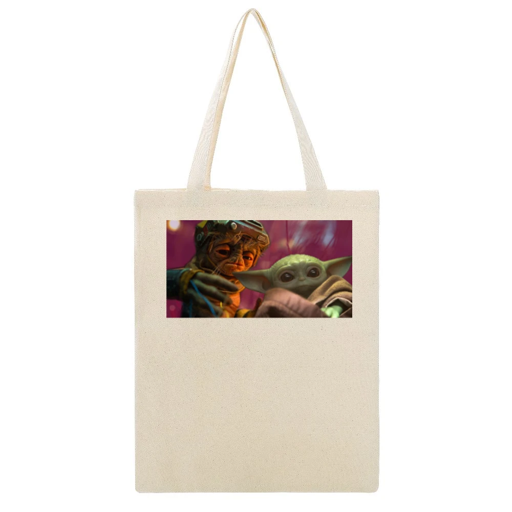 Baby Yoda And Babu Frik Star Wars Fan Beige Canvas Tote Shopping Bag