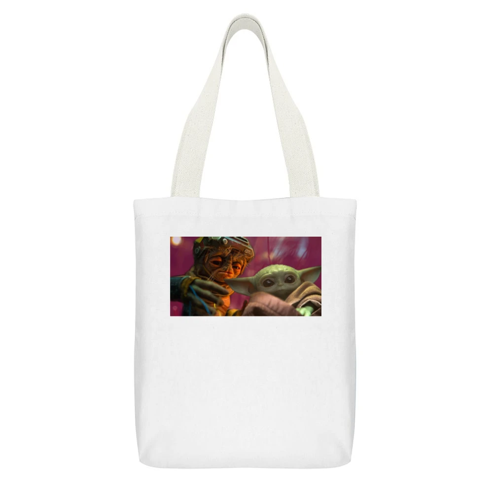 Baby Yoda And Babu Frik Star Wars Fan White Canvas Tote Shopping Bag With Interior Pocket