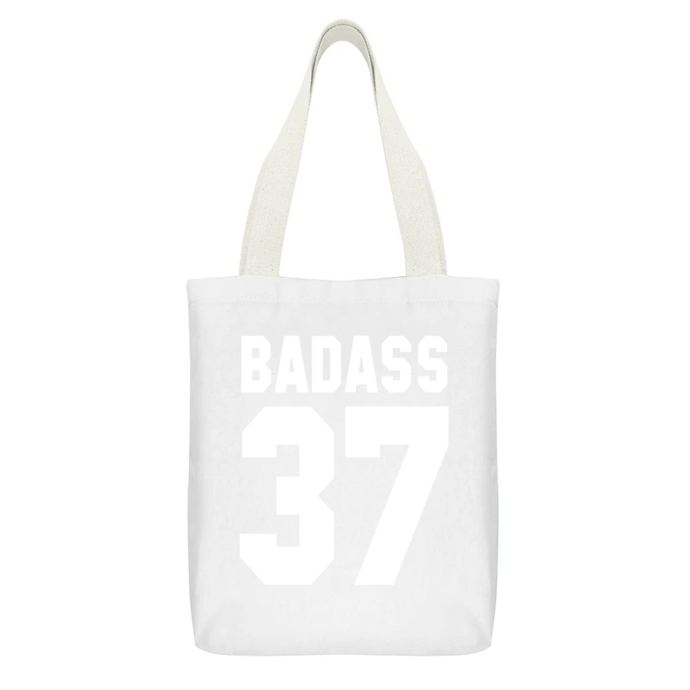 Badass 37 Popular Jersey Style PRINTED ON BACK White Canvas Tote Shopping Bag With Interior Pocket