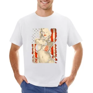 Badass Marilyn Monroe American Flag Bikini Gun Graphic Asian Size Men T-Shirt