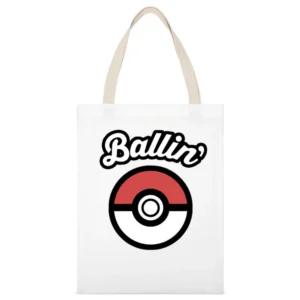 Ballin Pokemon Funny Pokeball Popular Graphic Anime Apparel White Canvas Tote Shopping Bag