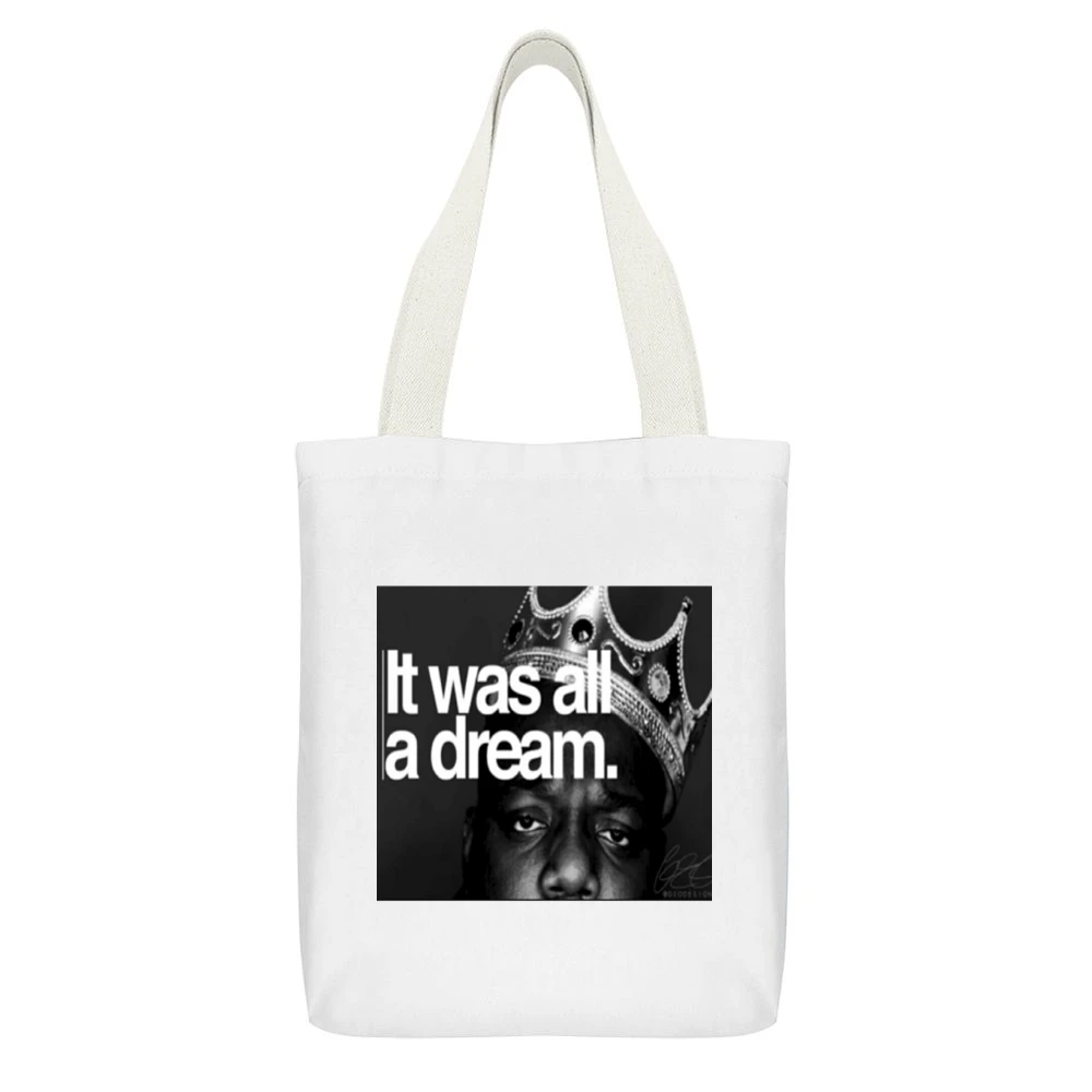 Biggie It Was All a Dream Tshirt White Canvas Tote Shopping Bag With Interior Pocket