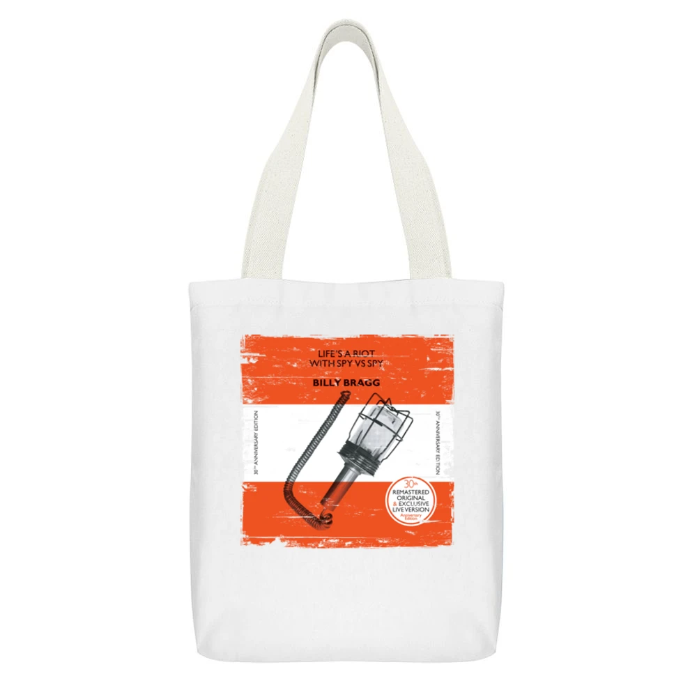 Billy Bragg Lifes A Riot With Spy Vs Spy Album Cover Distressed Image White Canvas Tote Shopping Bag With Interior Pocket