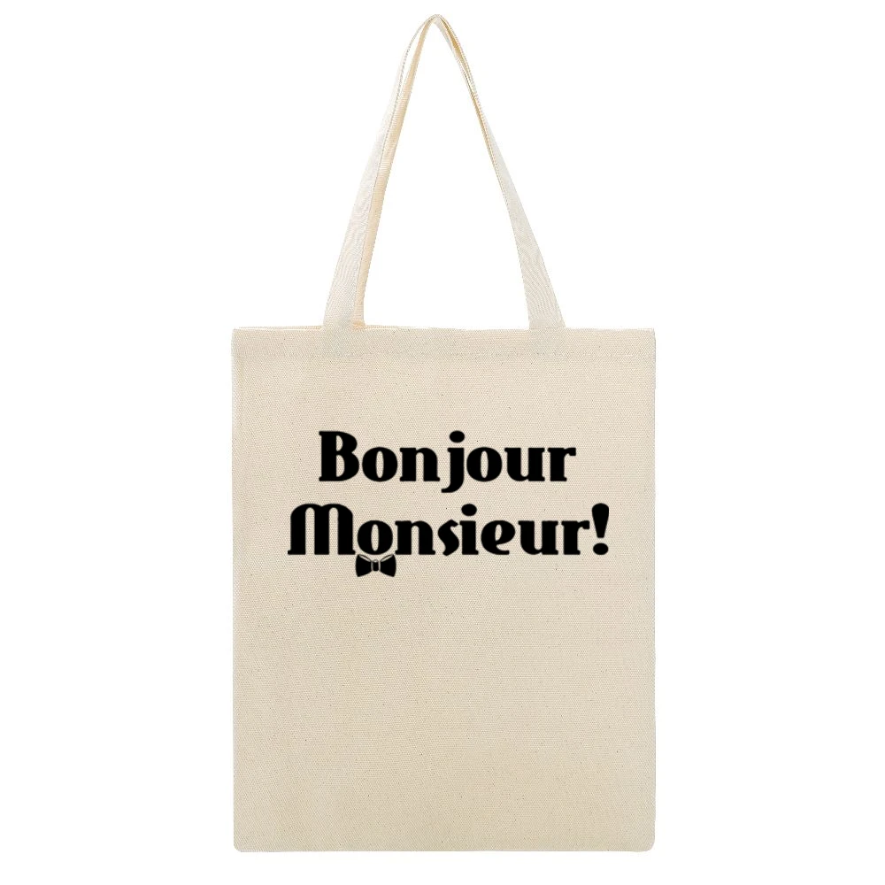 Bojour Monsieur! Good day French Beige Canvas Tote Shopping Bag