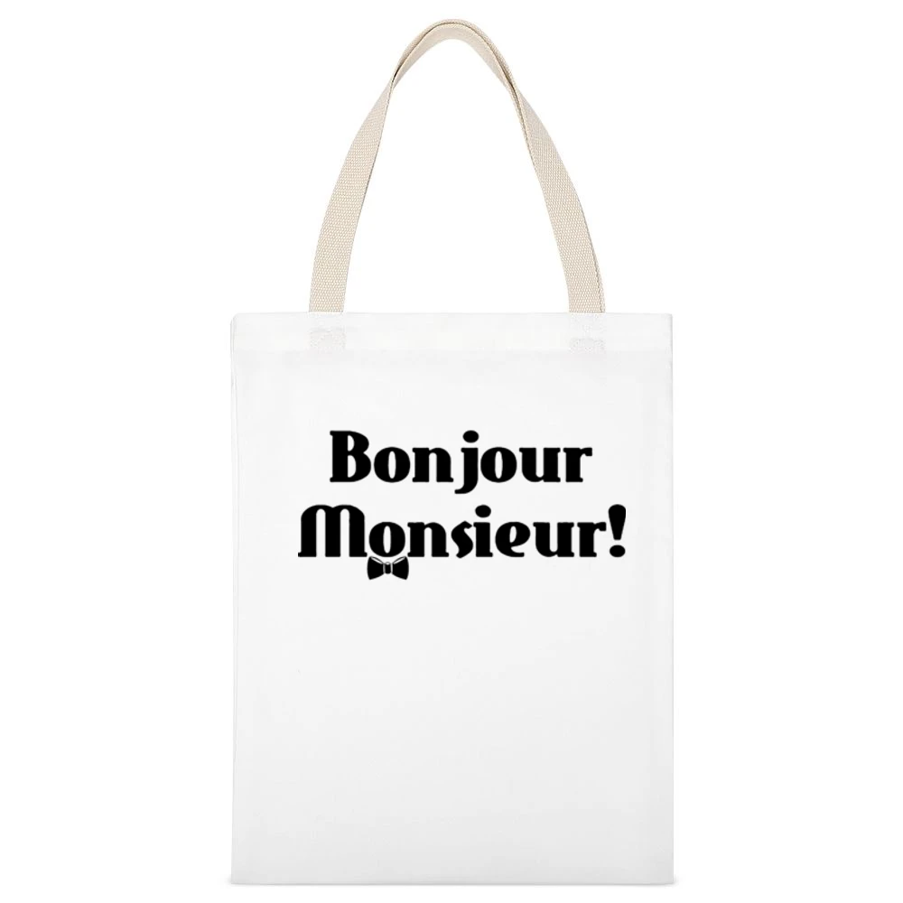 Bojour Monsieur! Good day French White Canvas Tote Shopping Bag