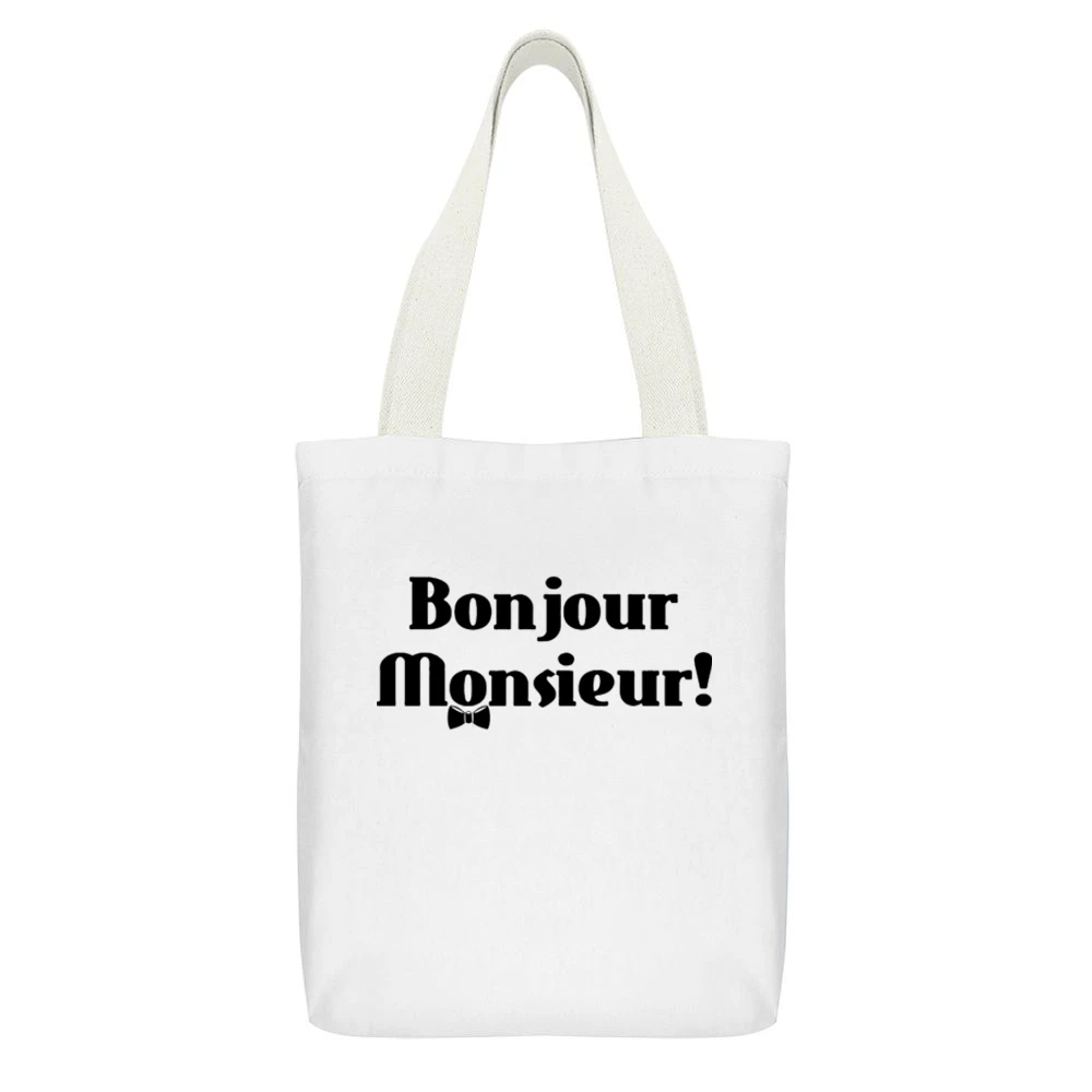 Bojour Monsieur! Good day French White Canvas Tote Shopping Bag With Interior Pocket