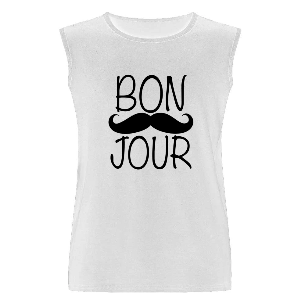 Bonjour Moustache Fun Tee Shirt Men Sleeveless T-Shirt