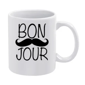 Bonjour Moustache Fun Tee Shirt White Mug