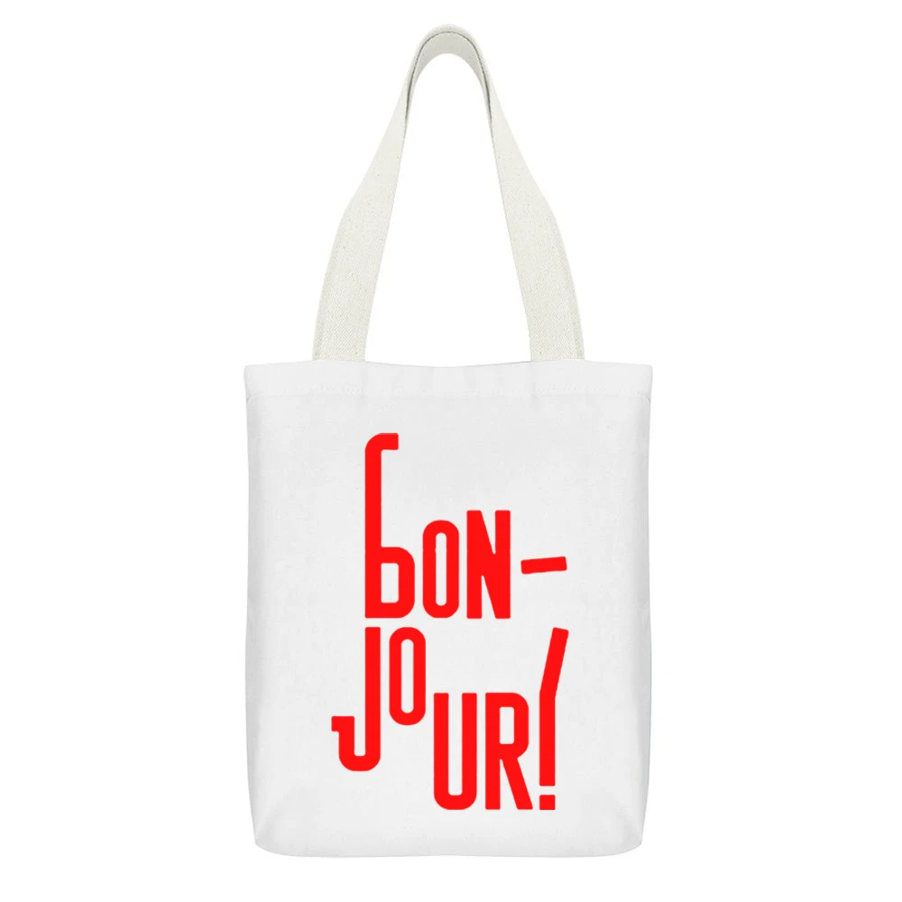 Bonjour french language word good day White Canvas Tote Shopping Bag With Interior Pocket
