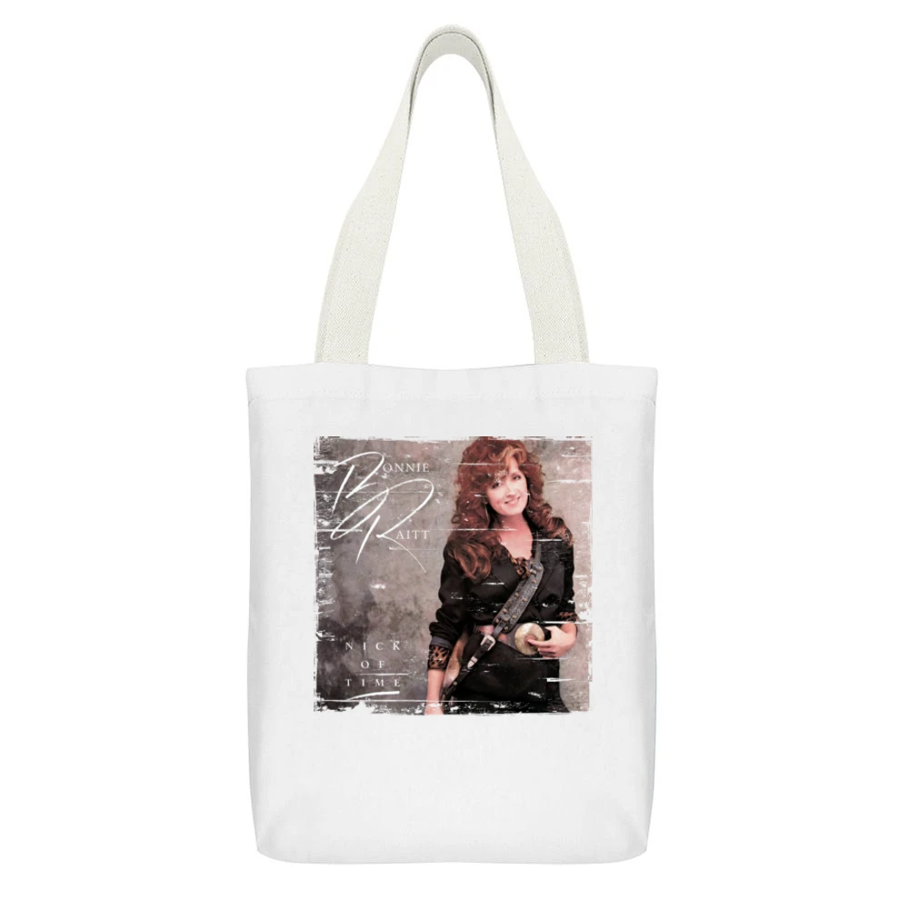 Bonnie Raitt Nick of Time Album Cover Distressed Image White Canvas Tote Shopping Bag With Interior Pocket