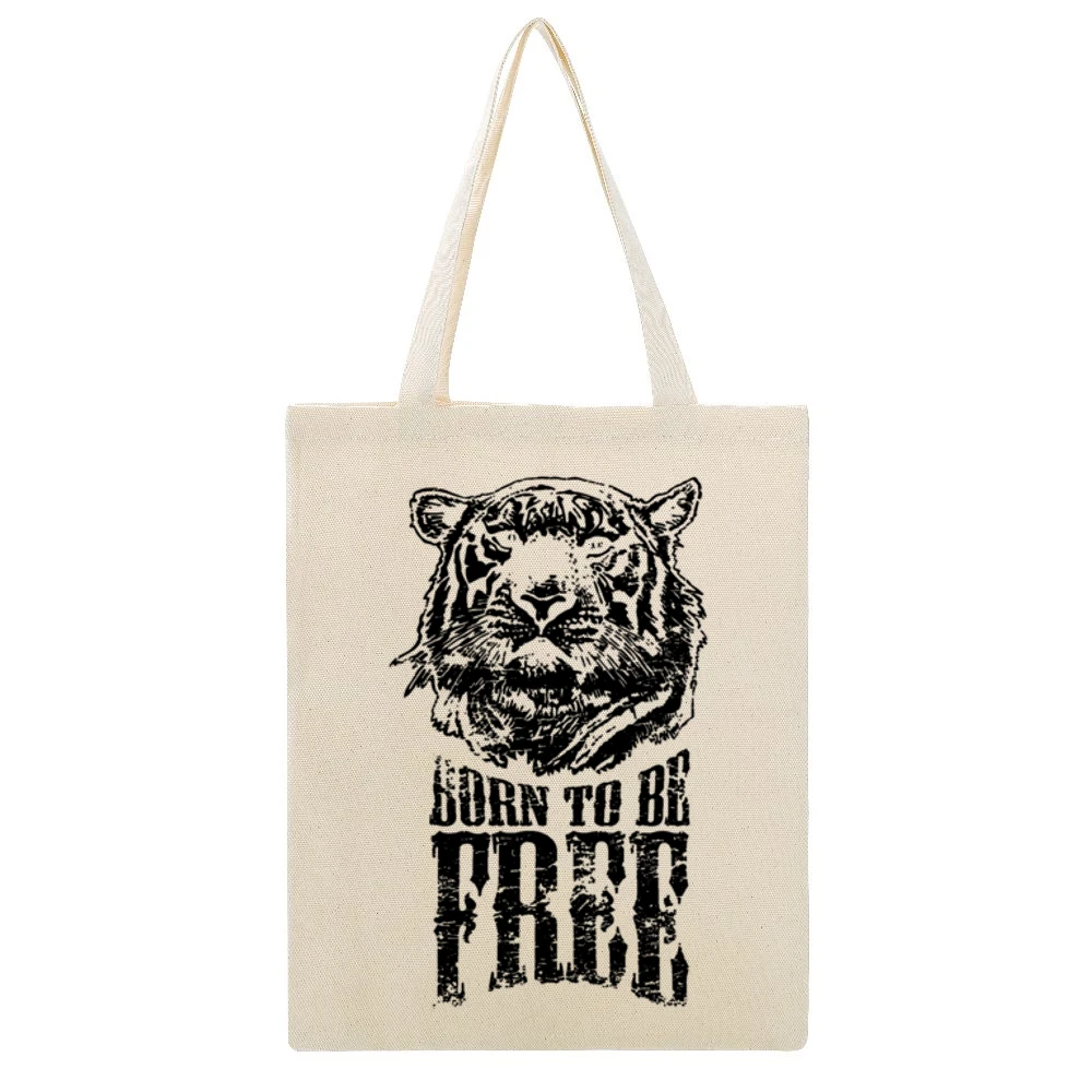 Born To Be Free Fun Inspirational Tiger Graphic Beige Canvas Tote Shopping Bag