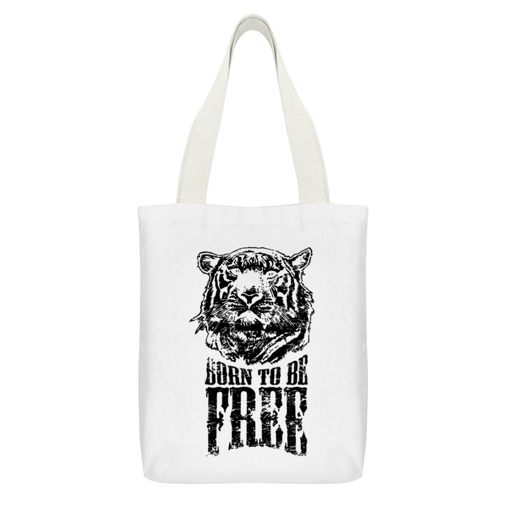 Born To Be Free Fun Inspirational Tiger Graphic White Canvas Tote Shopping Bag With Interior Pocket
