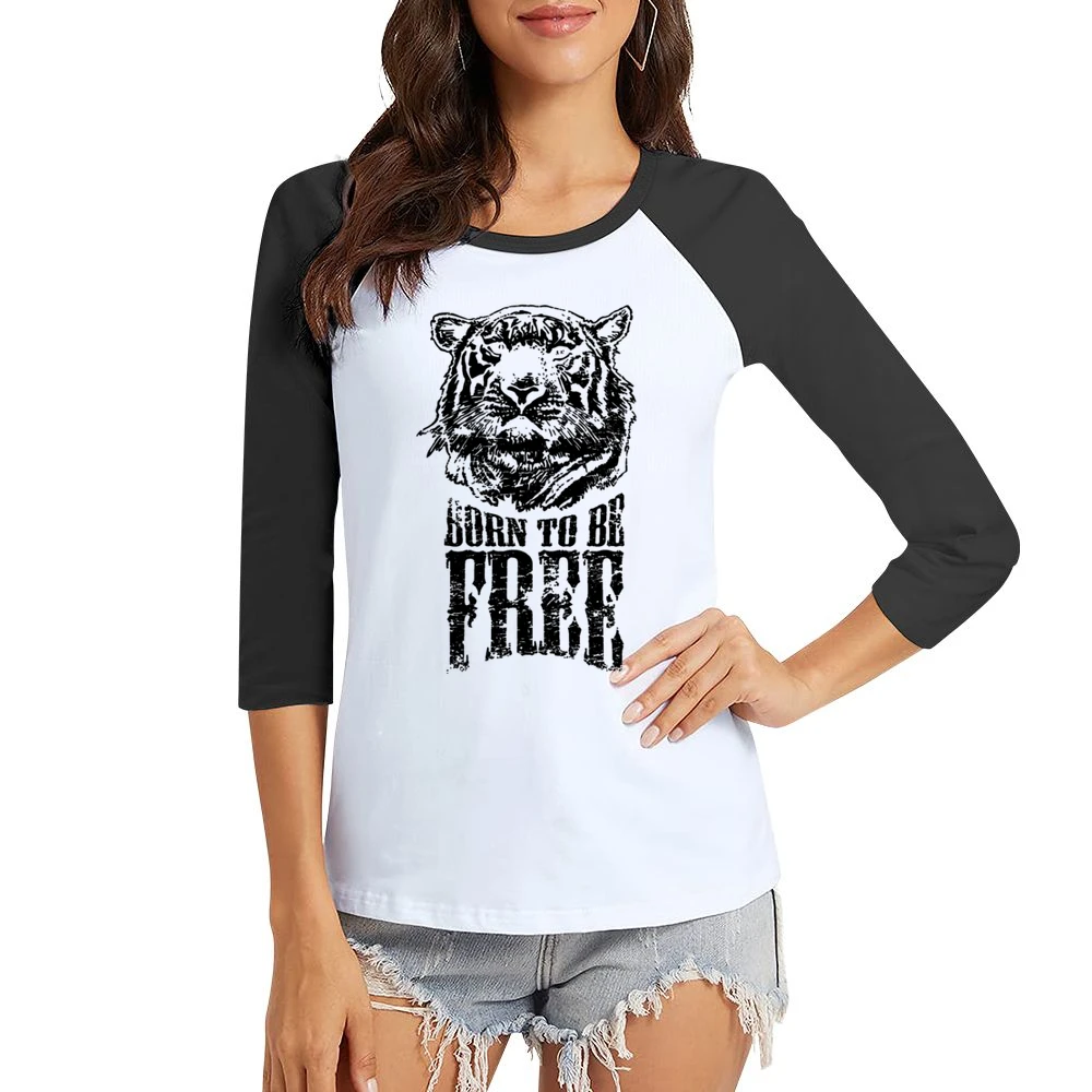 Born To Be Free Fun Inspirational Tiger Graphic Women Ladies 3-4 Sleeve T-Shirt