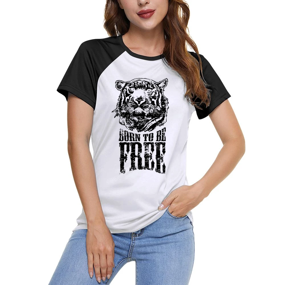 Born To Be Free Fun Inspirational Tiger Graphic Women Ladies Short Sleeve T-Shirt