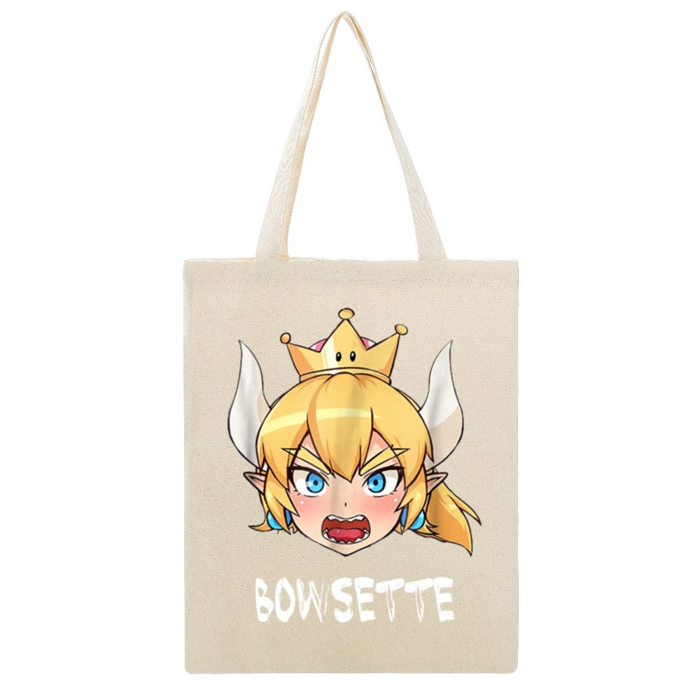 Bowsette Super Mario Peach Bowser Cosplay Ladies Beige Canvas Tote Shopping Bag