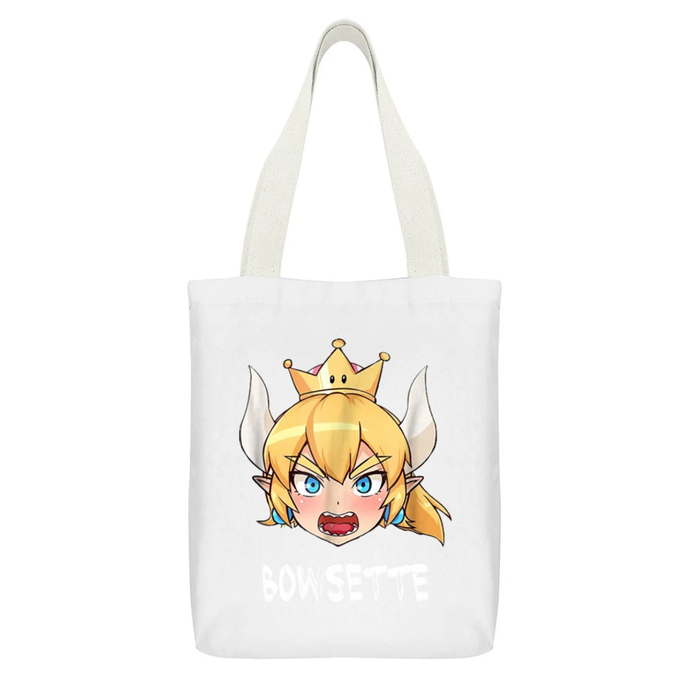 Bowsette Super Mario Peach Bowser Cosplay Ladies White Canvas Tote Shopping Bag With Interior Pocket