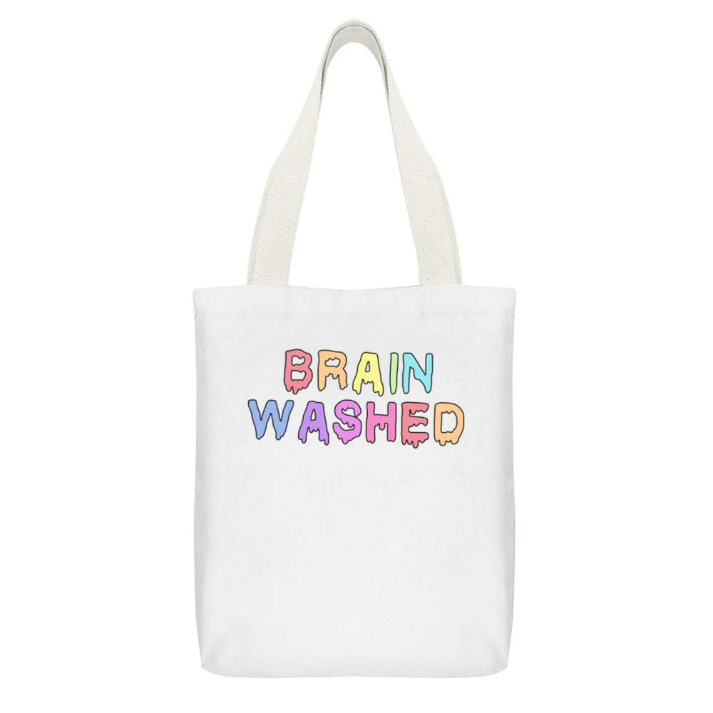 Brain Washed Colorful Drips Fun Tee Shirt White Canvas Tote Shopping Bag With Interior Pocket