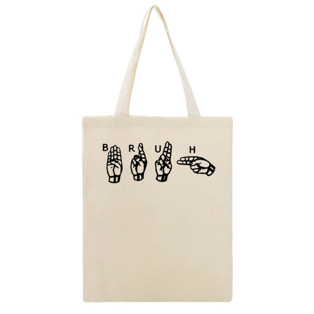 Bruh Fun Sign Language Popular Graphic Tee Shirt Beige Canvas Tote Shopping Bag