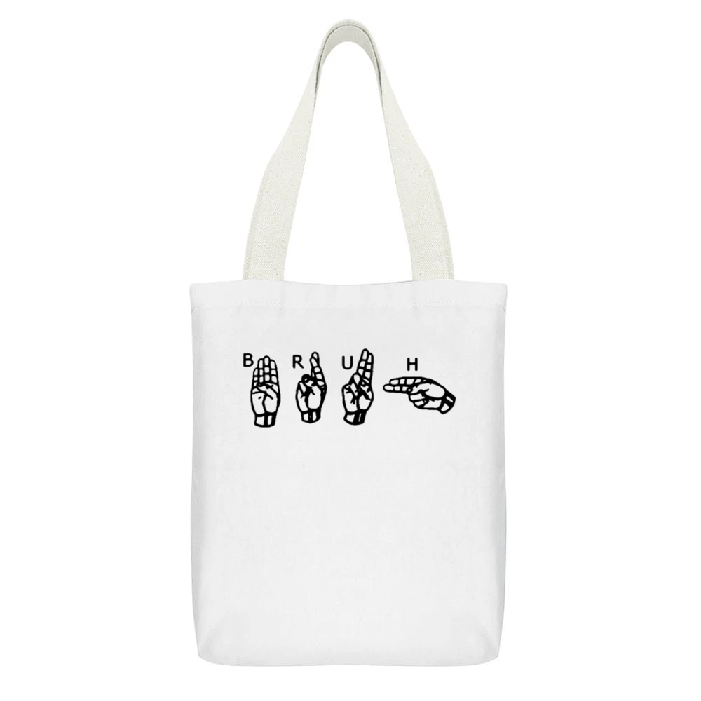 Bruh Fun Sign Language Popular Graphic Tee Shirt White Canvas Tote Shopping Bag With Interior Pocket