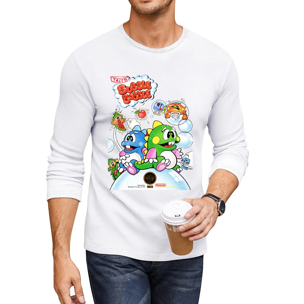Bubble Bobble Nes Nintendo Old School Retro Video Game Fan Distressed Men CrewNeck Long Sleeve T-Shirt