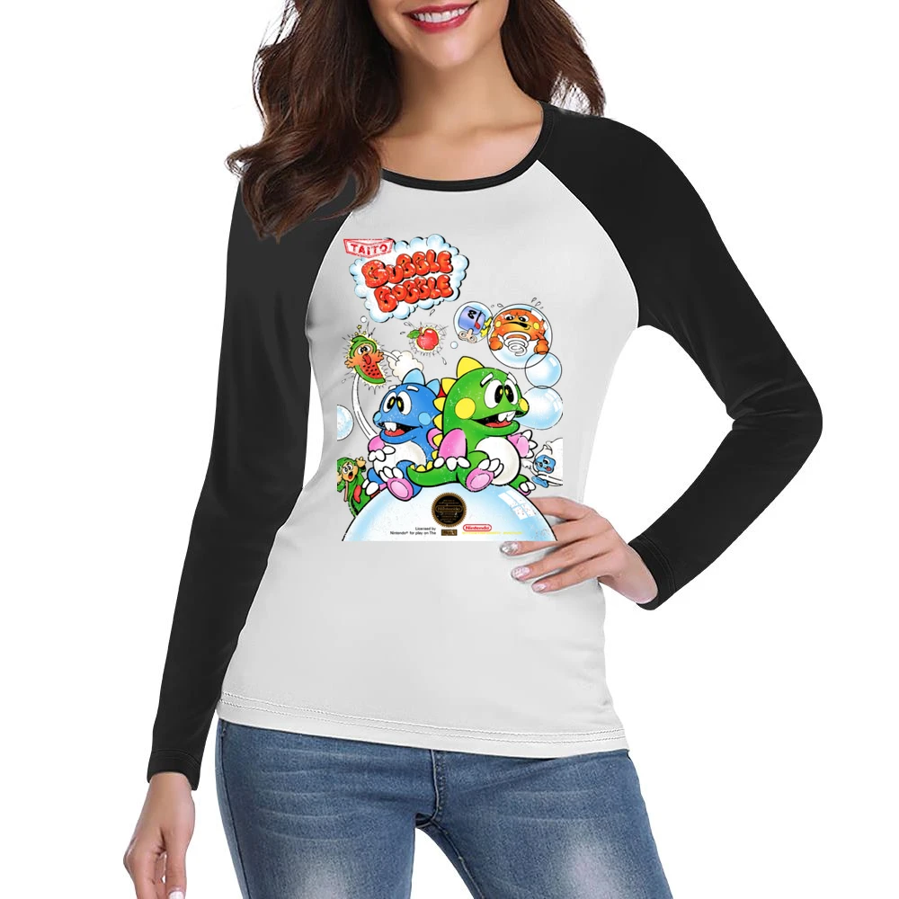 Bubble Bobble Nes Nintendo Old School Retro Video Game Fan Distressed Women Ladies Long Sleeve T-Shirt