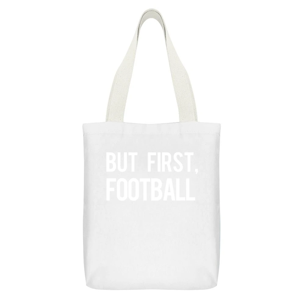 But First Football Fun Professional Sports Athlete Fan Graphic Tee Shi White Canvas Tote Shopping Bag With Interior Pocket
