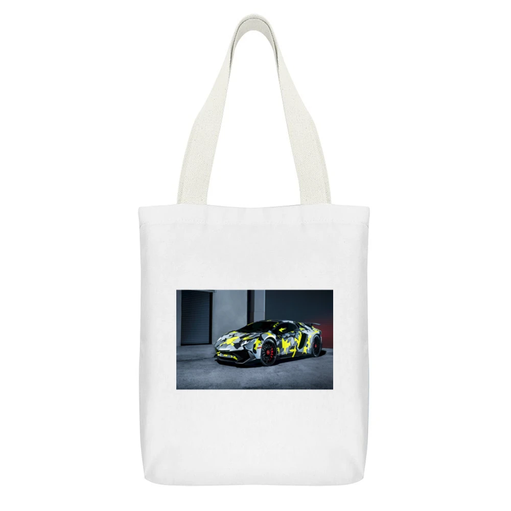 Camo Lambo Tshirt White Canvas Tote Shopping Bag With Interior Pocket
