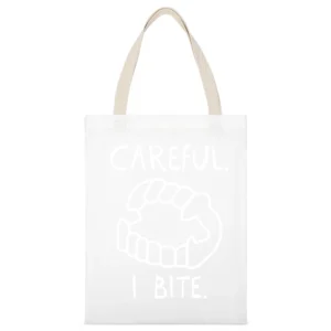 Careful I Bite Fun Vampire Fangs Graphic White Canvas Tote Shopping Bag