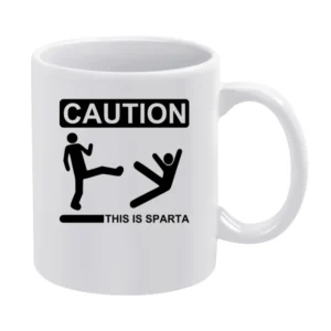 Caution this is sparta 300 parody stick man kick another in to the wel White Mug