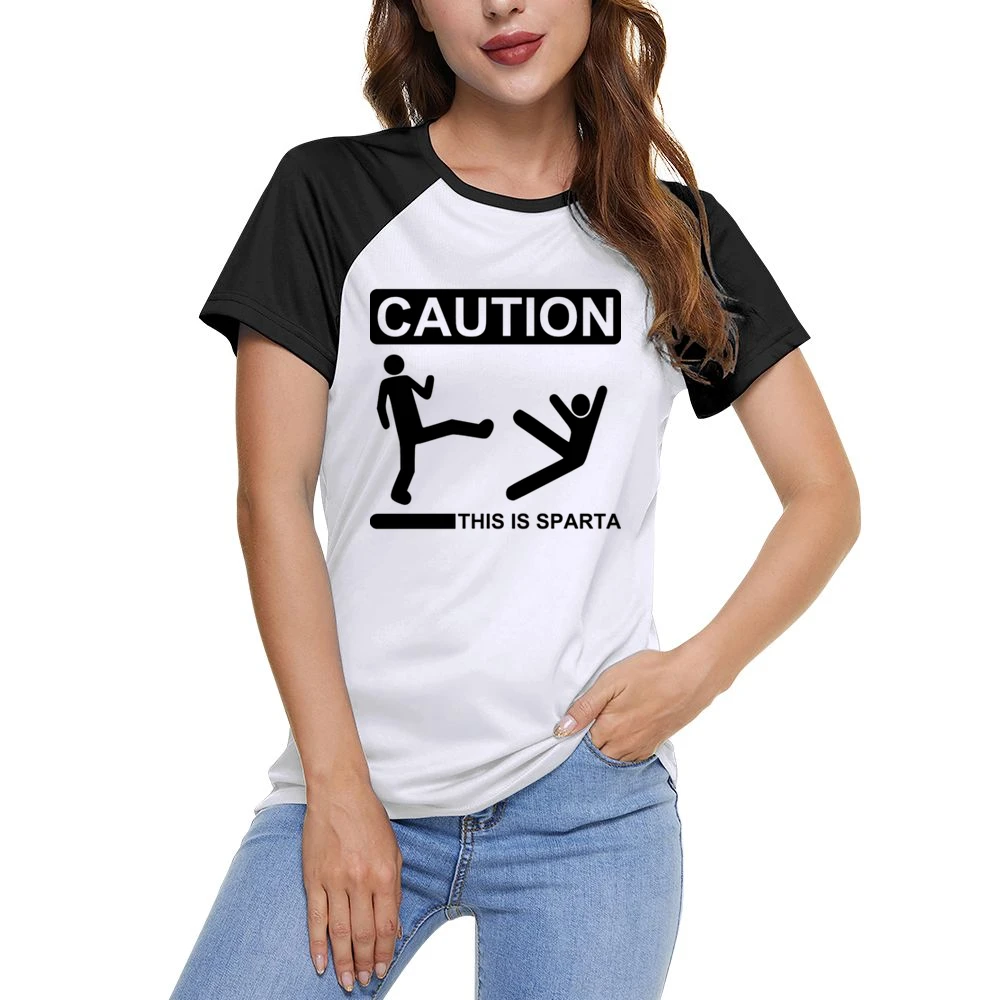 Caution this is sparta 300 parody stick man kick another in to the wel Women Ladies Short Sleeve T-Shirt