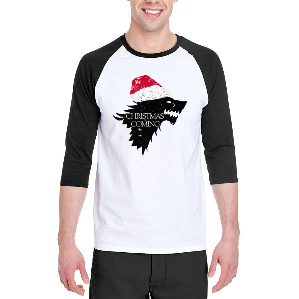 Christmas Is Coming Funny Direwolf Game Of Thrones Parody Holiday T Sh Men 3/4 Sleeve T-Shirt