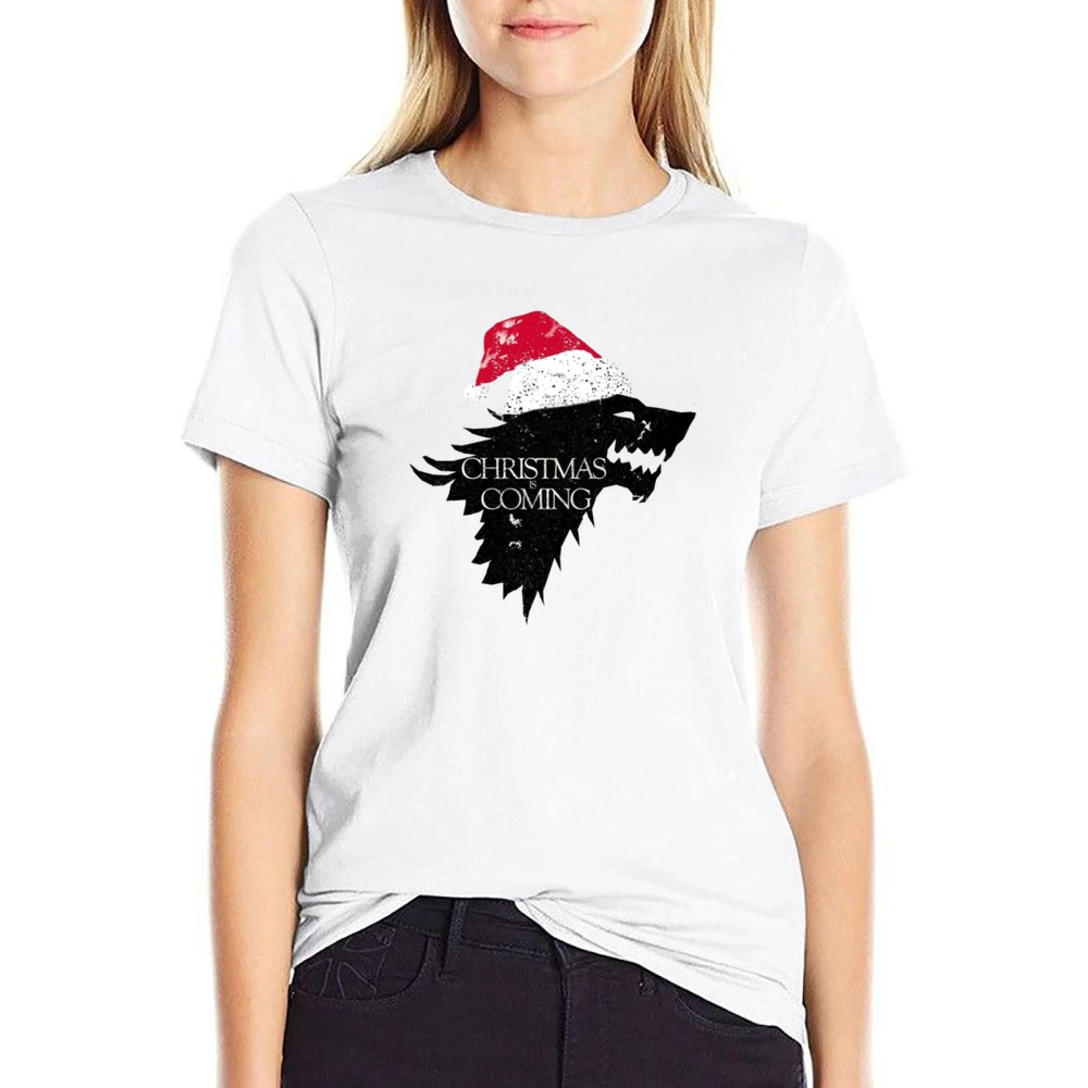 Christmas Is Coming Funny Direwolf Game Of Thrones Parody Holiday T Sh US Size Women Ladies T-shirt