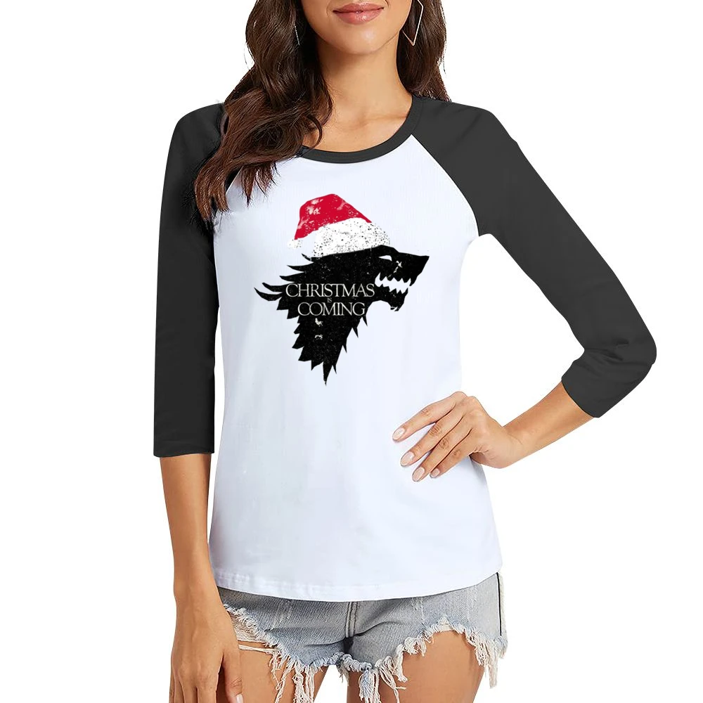 Christmas Is Coming Funny Direwolf Game Of Thrones Parody Holiday T Sh Women Ladies 3-4 Sleeve T-Shirt