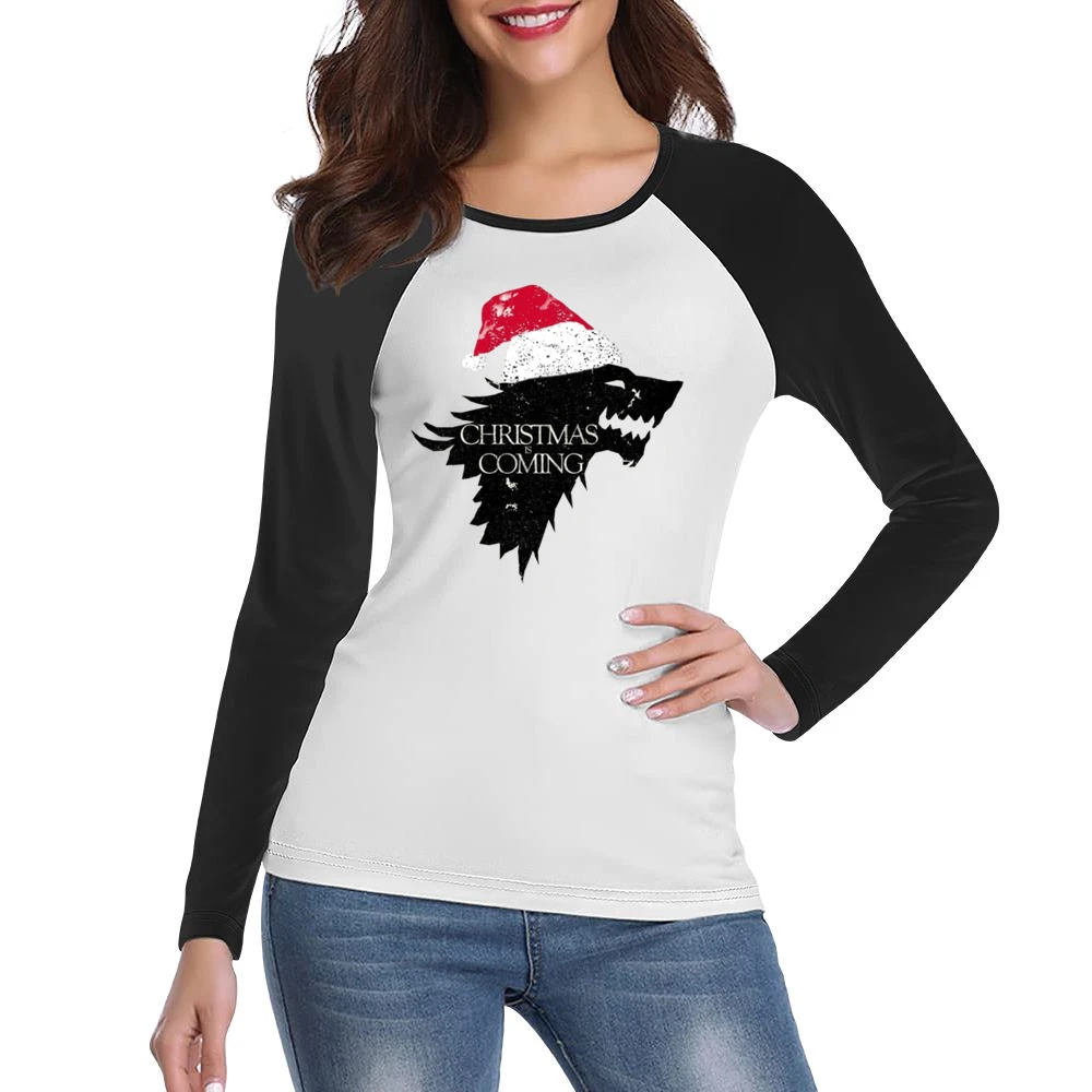 Christmas Is Coming Funny Direwolf Game Of Thrones Parody Holiday T Sh Women Ladies Long Sleeve T-Shirt